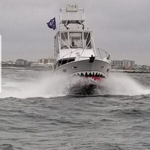 A Boat With Shark Teeth Front Painting on Water